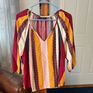 Lane Bryant Striped V-Neck Blouse in Burgundy, Mustard & Pink
